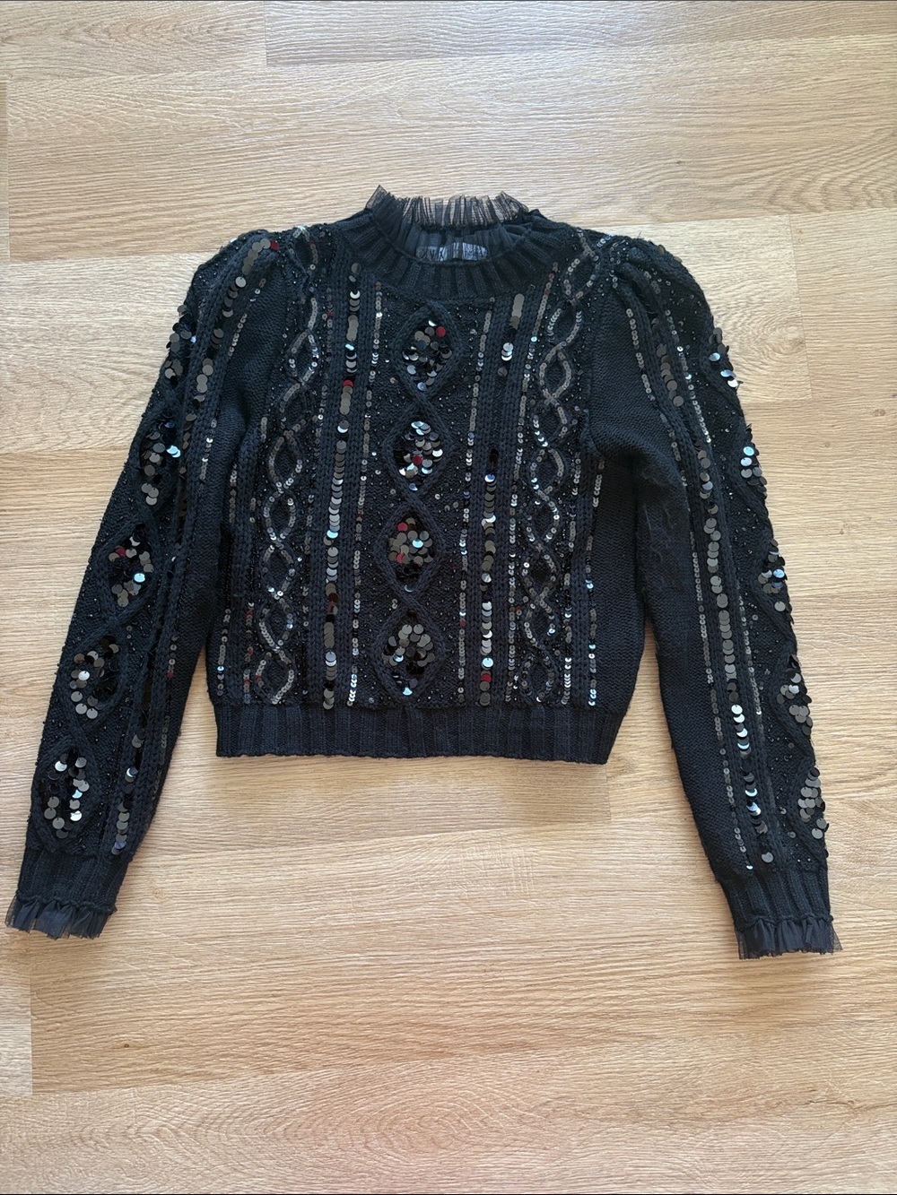 Zara Black Knit Top with Tulle Ruffle Collar